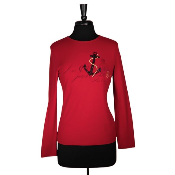 Ralph Lauren Women's Blouse Red Embroidered Beaded Nautical Coastal Preppy Top S - Picture 1 of 8